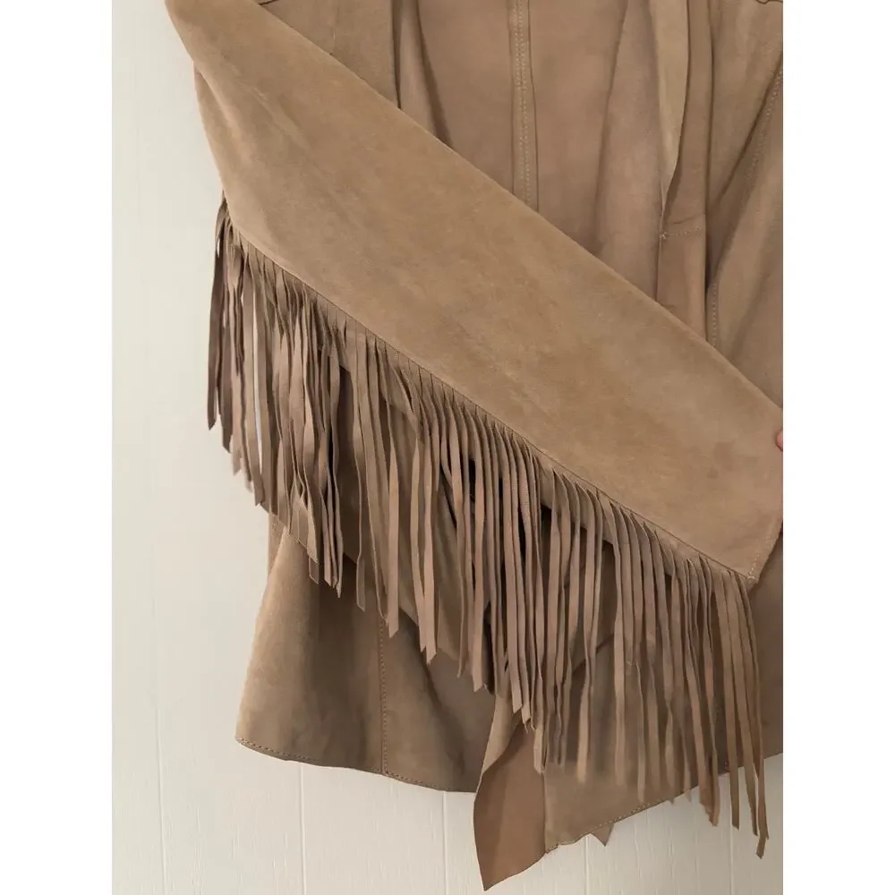 Lamarque Size 2 Fringe Arm Short Waist Drape Collar Leather Evening Coat - Picture 3 of 6